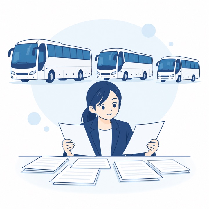 書類を見比べてバス会社を探すスタッフ