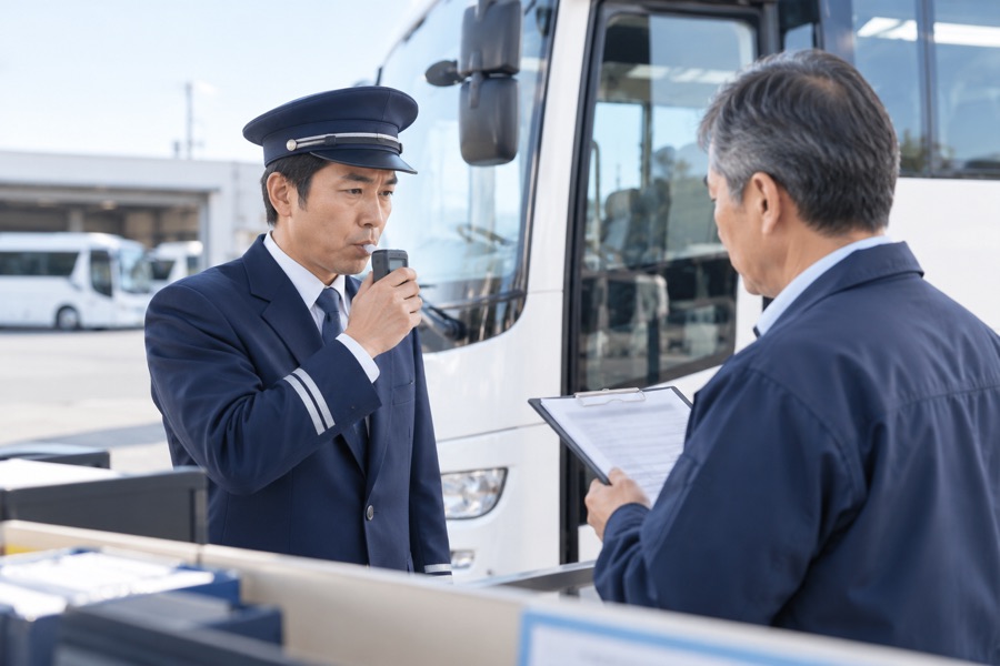 出発前にアルコールチェックを受ける運転手