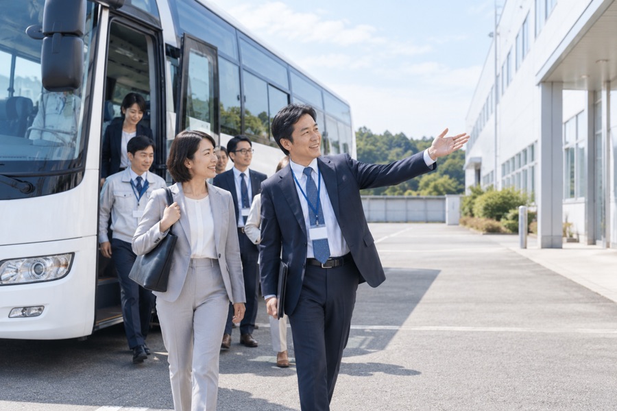 見学先に到着したバスから降りる研修の参加者
