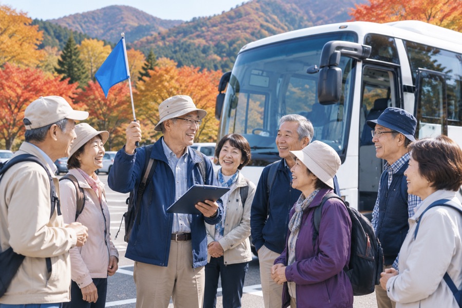 紅葉の観光地でバスの前に集まる団体のお客様