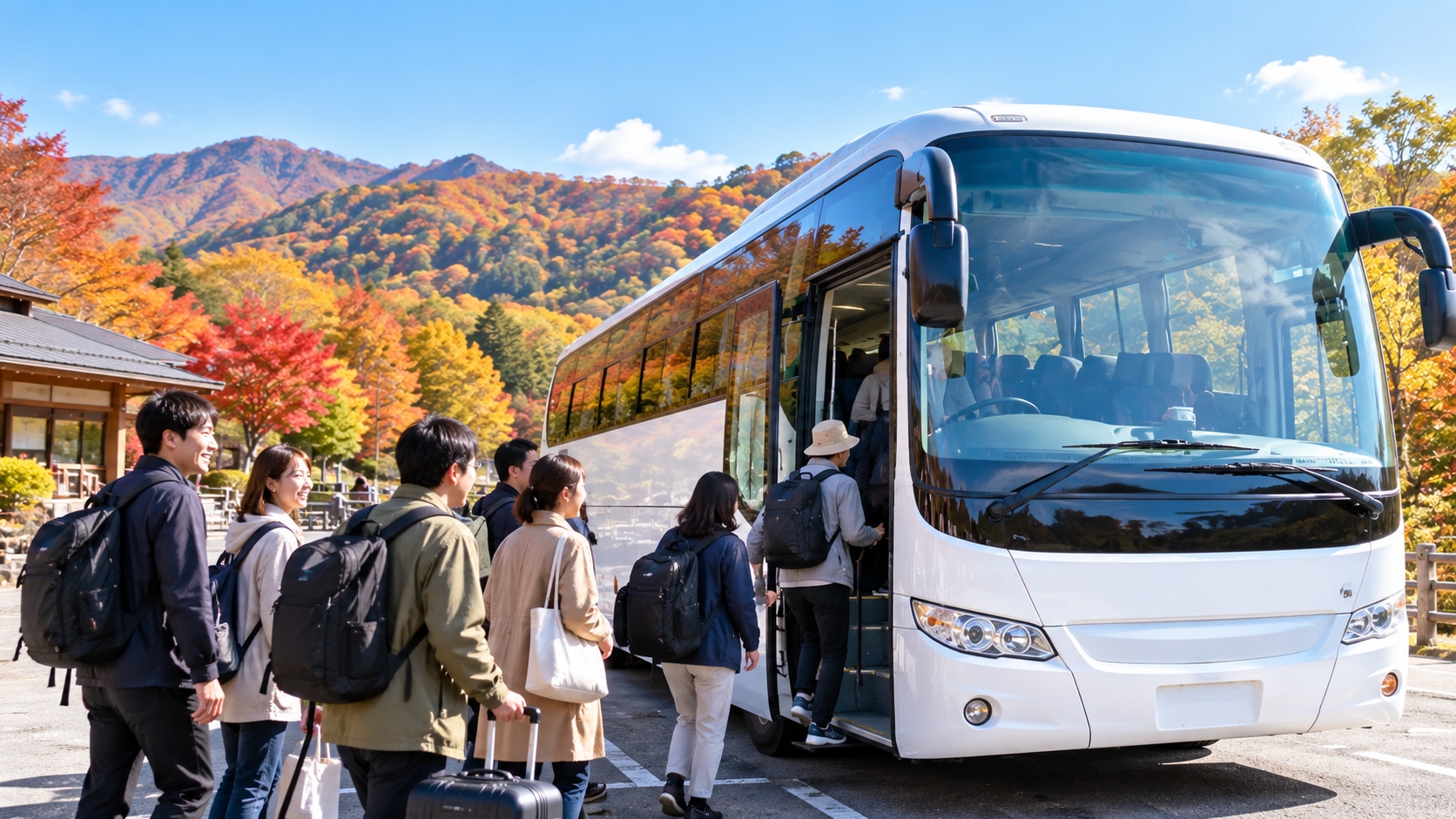紅葉の観光地の駐車場に停まる白い大型観光バスと乗降する団体客