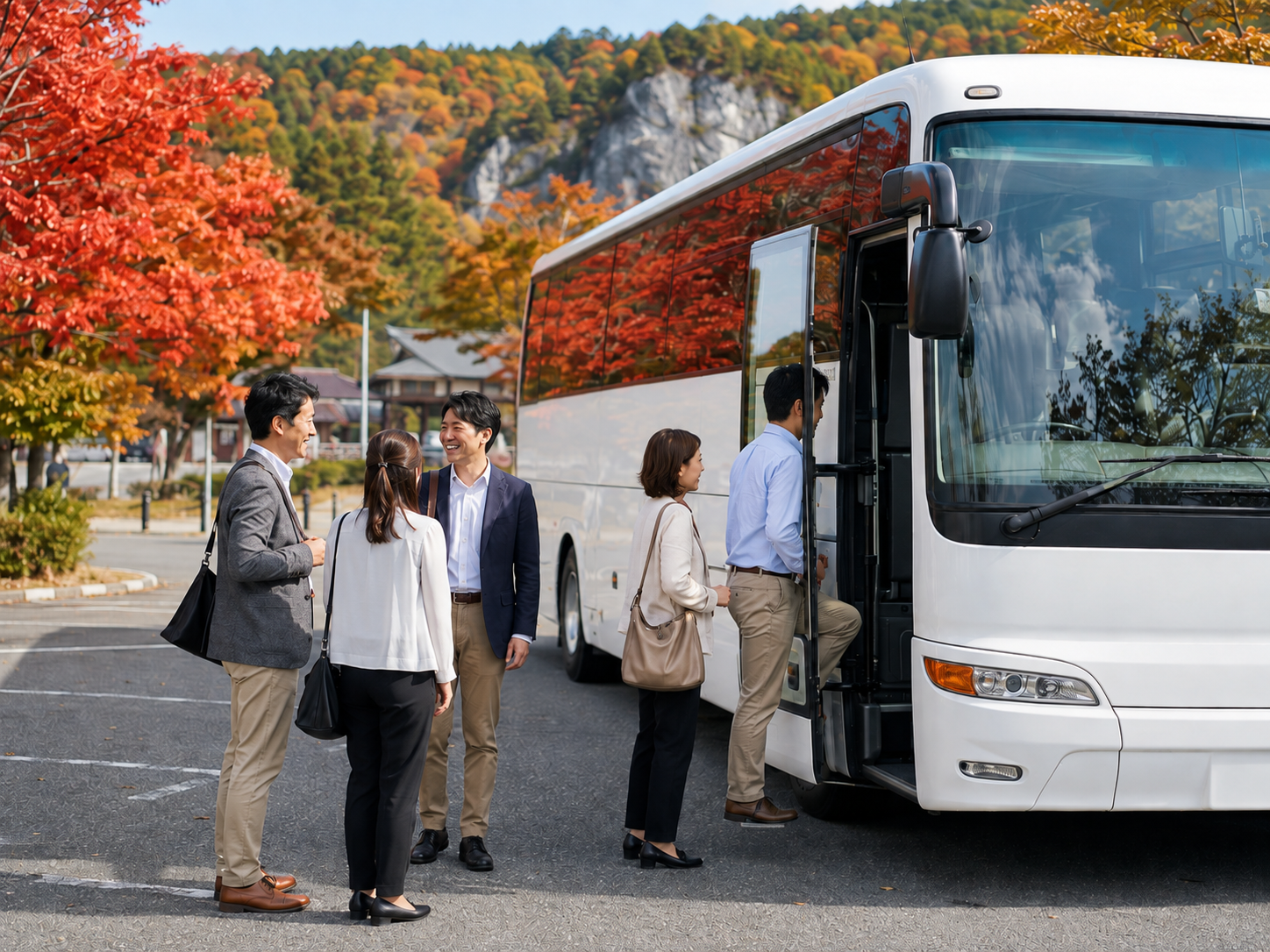 紅葉の観光地の駐車場に停まる大型バスと乗り込む会社員の団体